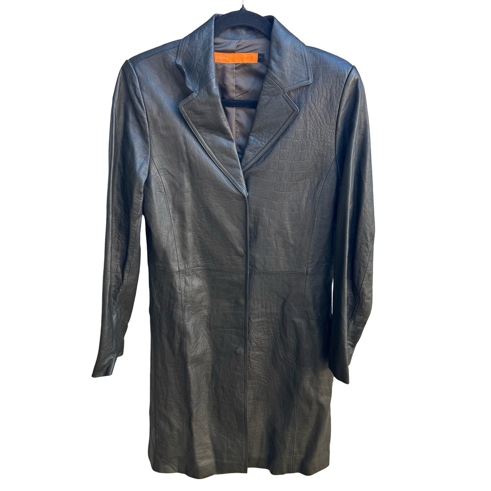 Cynthia Steffe Y2K Croc Embossed Leather Minimalist Goth Edgy Trench Coat Green